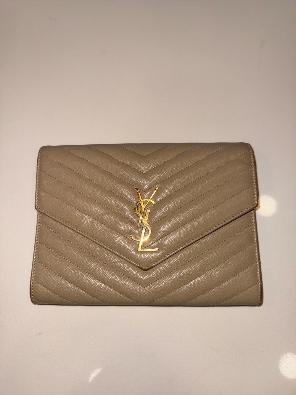 Saint Laurent Quilted Envelope Clutch in Taupe with Gold Hardware